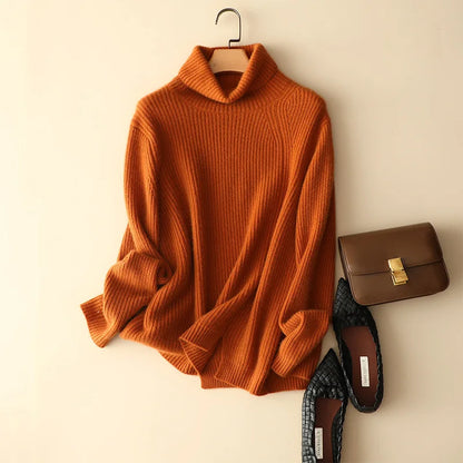 winter new chunky knit 100% cashmere turtleneck loose sweater knitwear women fashion warm jumper