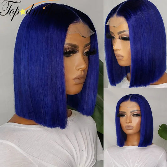 TOPODMIDO Blue Color 13x4 Bob Cut Wigs For Women Peruvian Remy Hair Closure Wigs with Baby Hair Lace Front Human Hair Wigs