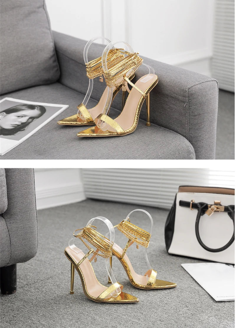 Women's Sandals High Heels 12CM New Chain Ankle Strap Gold White Pointed Toe Female Party Shoes Sandalias de mujer Size 35-42