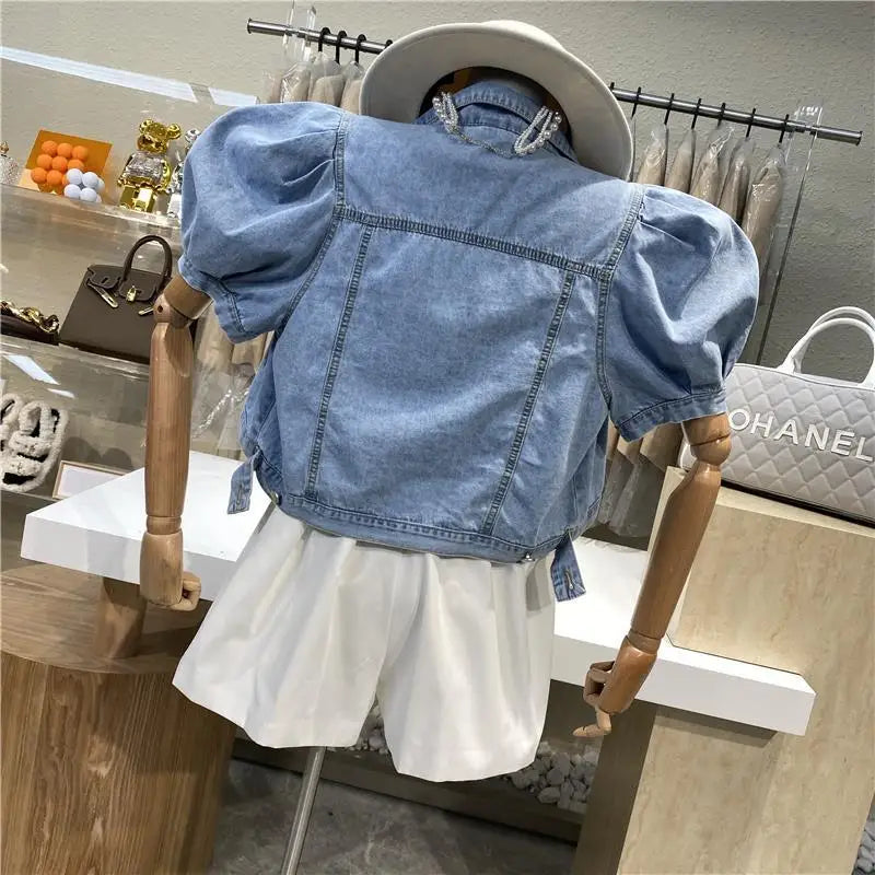 Women Short Denim Jacket Autumn  Puff Sleeve Crop Top