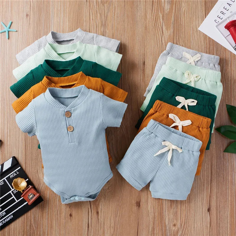 2Pcs Unisex Baby Summer Outfits Suit Solid Color Ribbed Casual Short Sleeves Romper+Elastic Waist Shorts for Toddler Infant - MAGUSTA BEAUTY