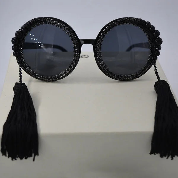 Baroque round sunglasses women tassel pearl rhinestones decoration sun glasses large frame round glasses female sunglasses