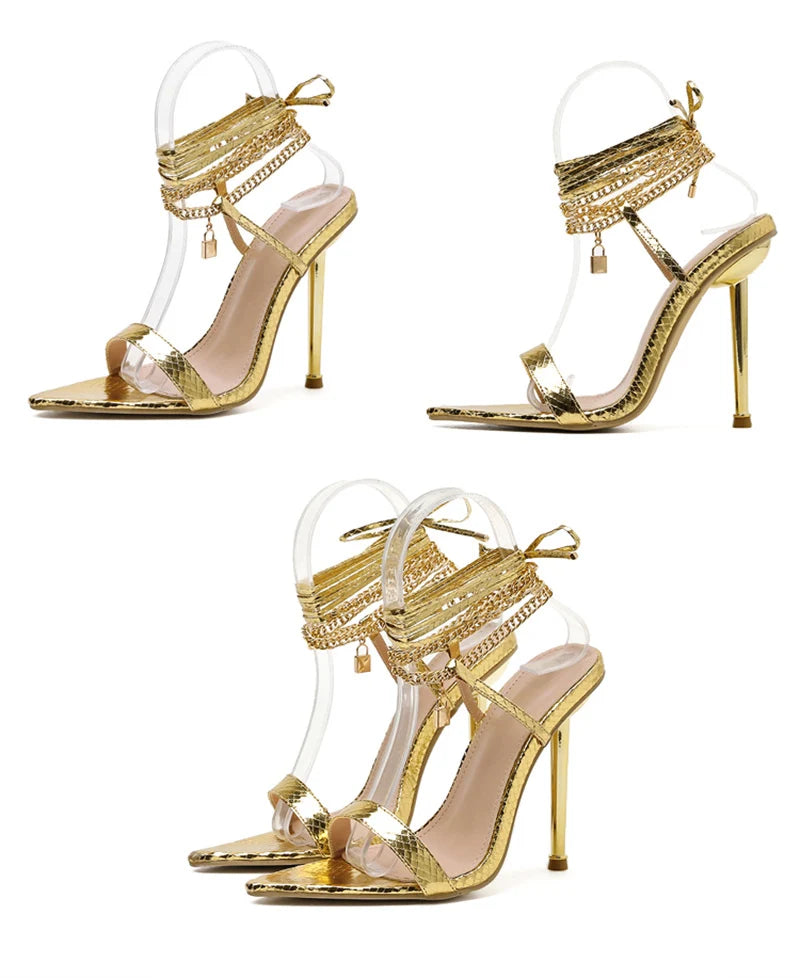 Women's Sandals High Heels 12CM New Chain Ankle Strap Gold White Pointed Toe Female Party Shoes Sandalias de mujer Size 35-42