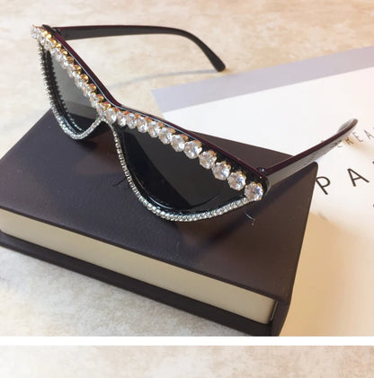 Vintage Luxury Crystal Diamond Cateye Sunglasses Women Brand Designer Black Pink Frame Cat Eye Sun Glasses Bling Bling Eyewear