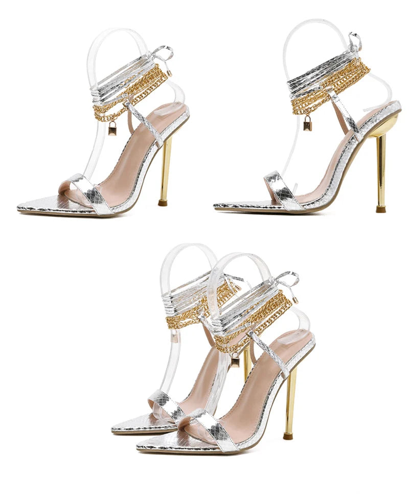 Women's Sandals High Heels 12CM New Chain Ankle Strap Gold White Pointed Toe Female Party Shoes Sandalias de mujer Size 35-42