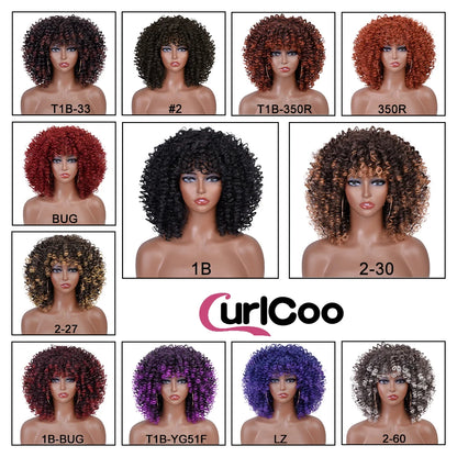 Short Afro Kinky Curly Wigs With Bangs For Black Women Synthetic Ombre Natural Heat Resistant Hair Brown Cosplay Highlight Wigs