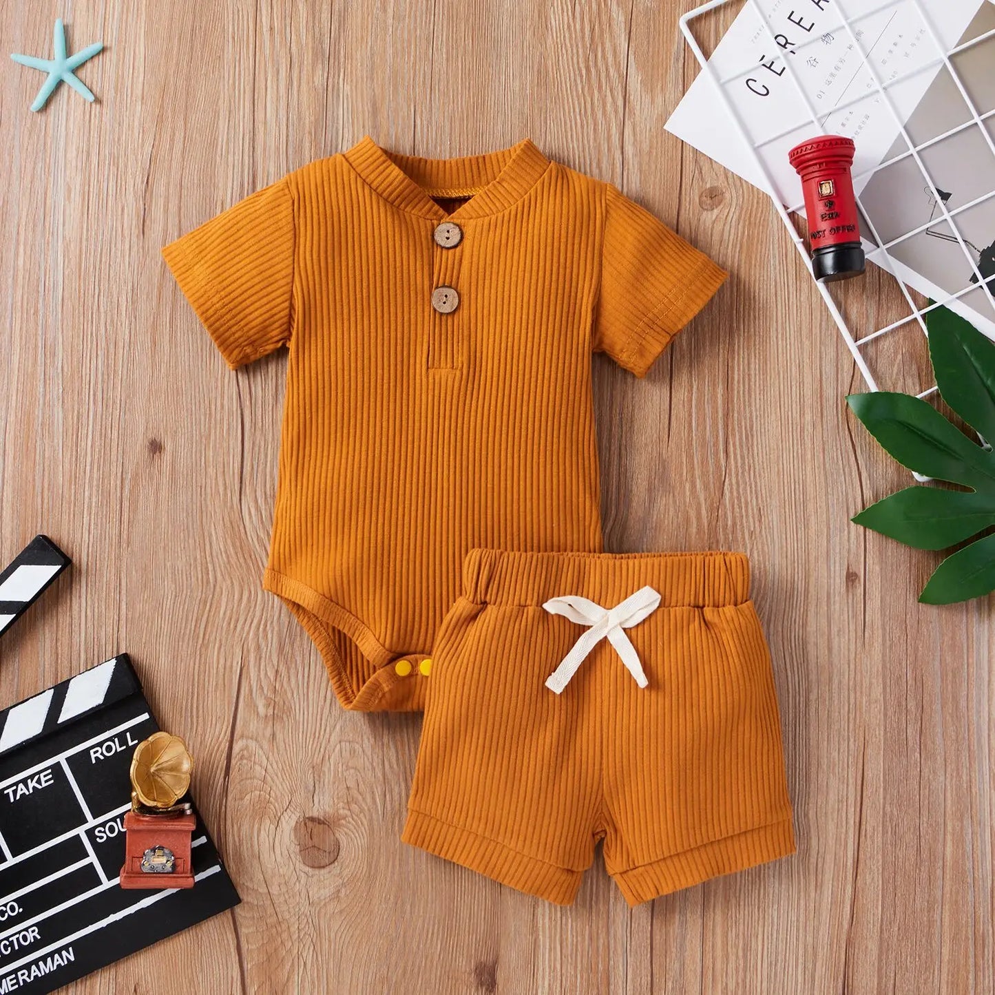 2Pcs Unisex Baby Summer Outfits Suit Solid Color Ribbed Casual Short Sleeves Romper+Elastic Waist Shorts for Toddler Infant - MAGUSTA BEAUTY