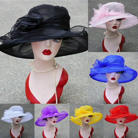 2021 Women elegant Sun Hats Wide Brim Sun Church Dress Wedding Derby Party Beach Floral multi-layered Organza Hat