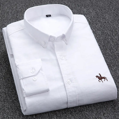 100% Cotton Oxford Shirt Men's Long Sleeve Embroidered Horse Casual Without Pocket Solid Yellow Dress Shirt Men Plus Size S-6XL