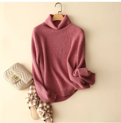 winter new chunky knit 100% cashmere turtleneck loose sweater knitwear women fashion warm jumper