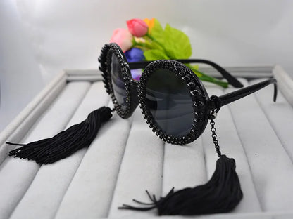 Baroque round sunglasses women tassel pearl rhinestones decoration sun glasses large frame round glasses female sunglasses