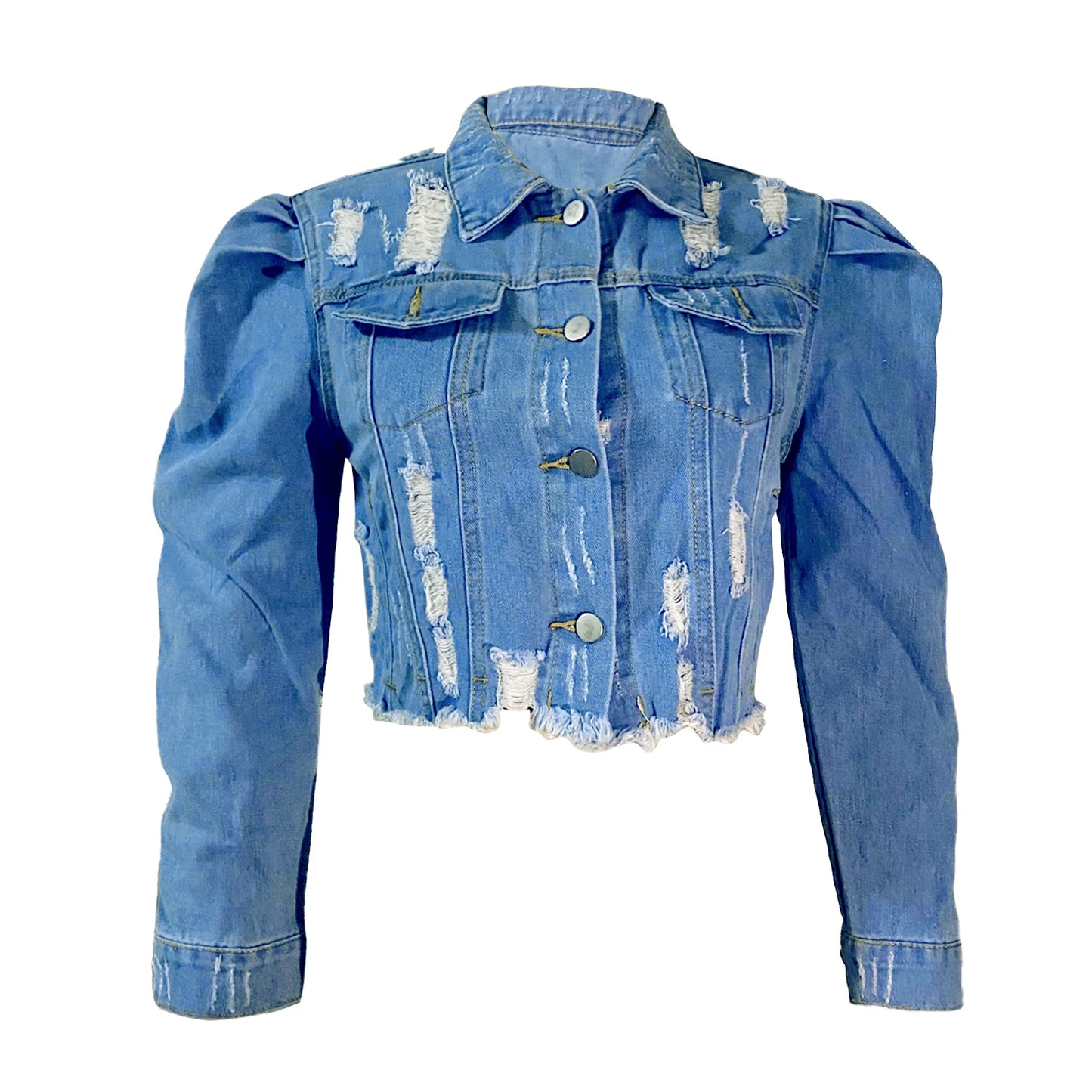 Y2k Women's Ripped Denim Jacket Casual Long Puff Sleeve Button Down Cropped Jean Coats for Fall