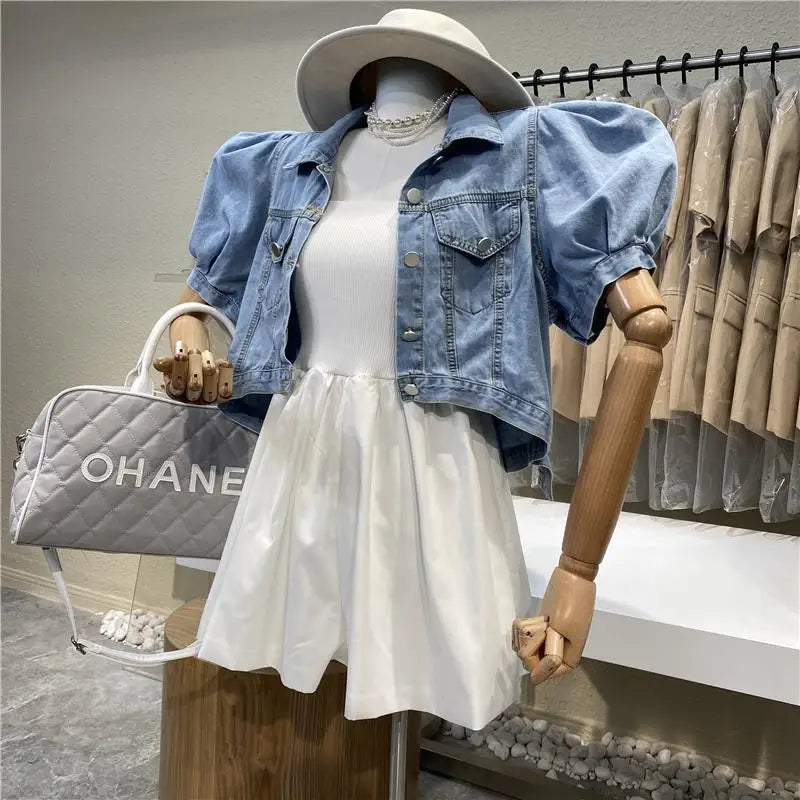 Women Short Denim Jacket Autumn  Puff Sleeve Crop Top