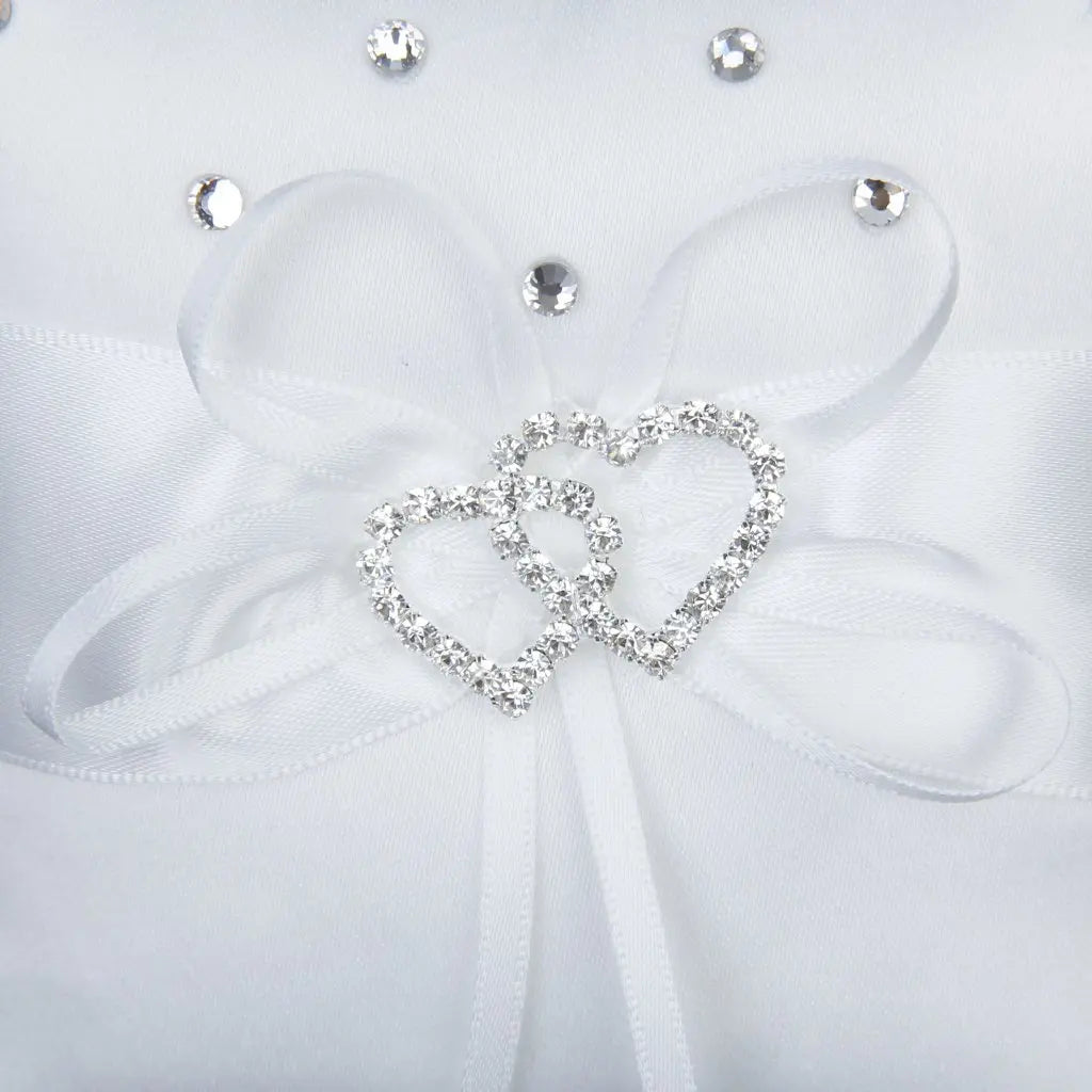 White Double Heart Rhinestone Ring Pillow Wedding Ring Bearer Cushion 10*10cm