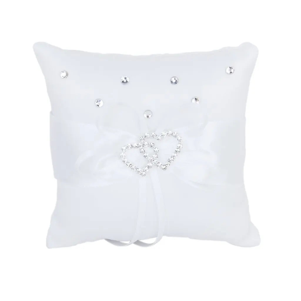 White Double Heart Rhinestone Ring Pillow Wedding Ring Bearer Cushion 10*10cm