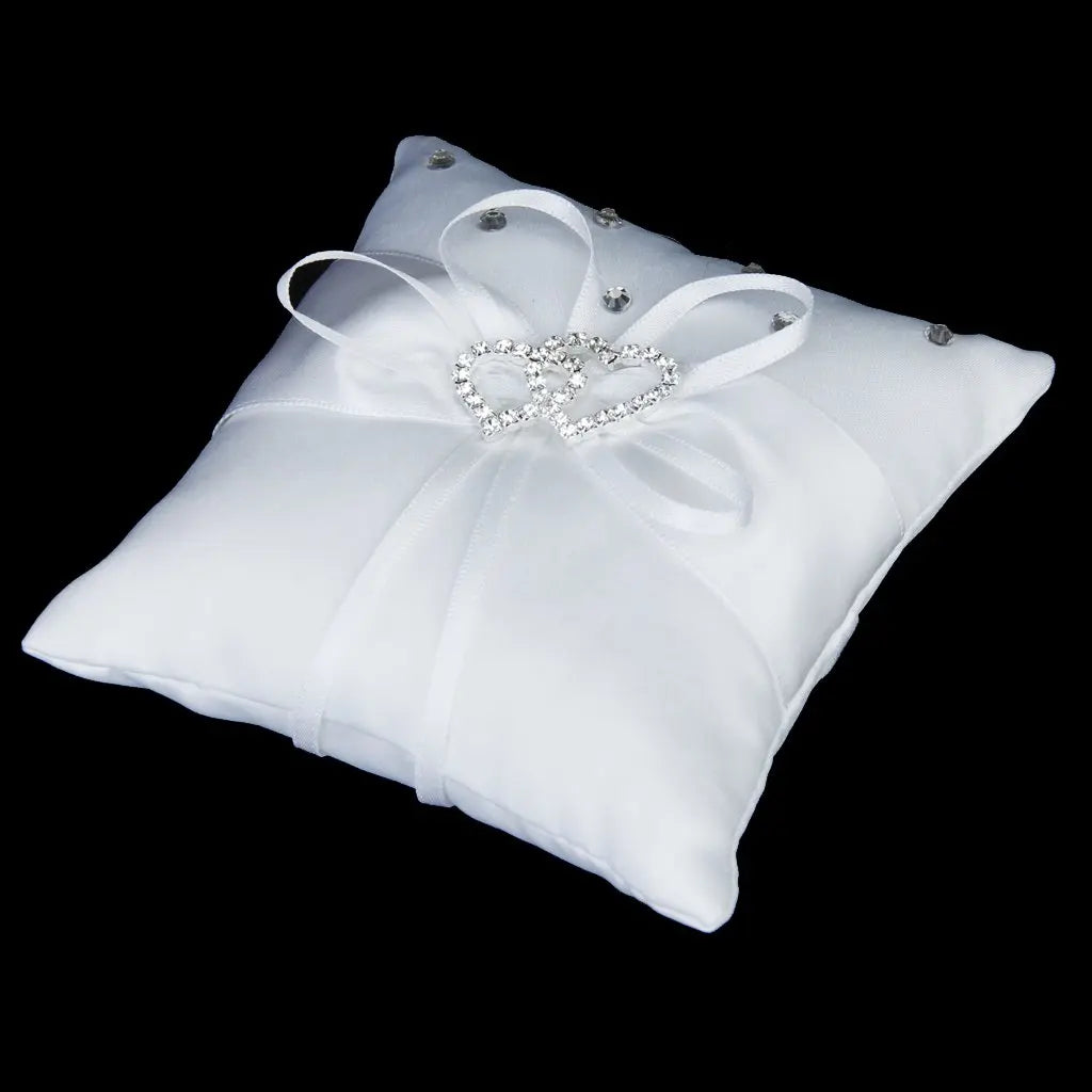 White Double Heart Rhinestone Ring Pillow Wedding Ring Bearer Cushion 10*10cm