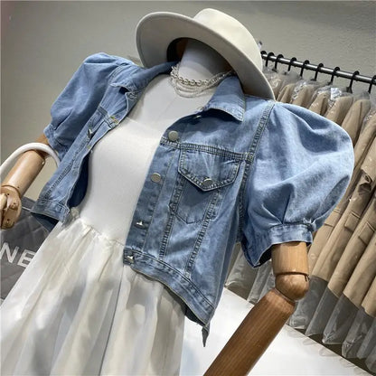 Women Short Denim Jacket Autumn  Puff Sleeve Crop Top