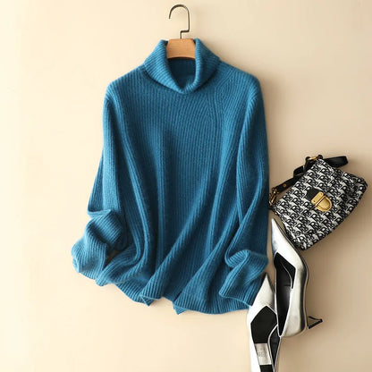 winter new chunky knit 100% cashmere turtleneck loose sweater knitwear women fashion warm jumper