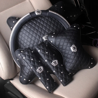 Universal PU Leather Car Steering Wheel Cover Bling Rhinestone Crystal Car Interior Decro with Crystal Crown Accessories Black