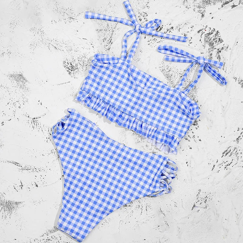 ZTVitality Blue Plaid Bikinis Push Up Bikini 2020 Newest Padded Bandage Swimsuit High Waist Cross Hollow Out Sexy Swimwear Women