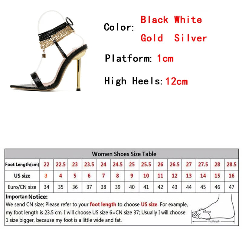 Women's Sandals High Heels 12CM New Chain Ankle Strap Gold White Pointed Toe Female Party Shoes Sandalias de mujer Size 35-42