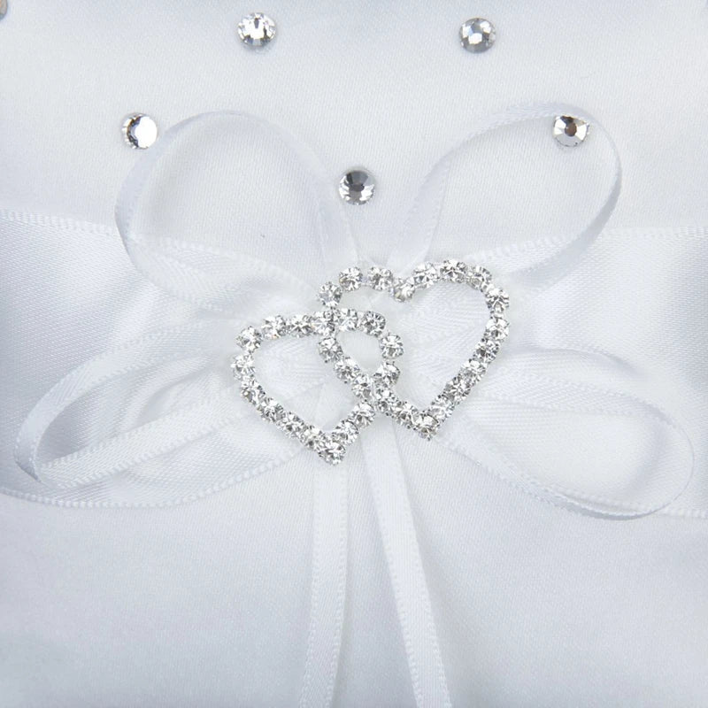 White Double Heart Rhinestone Ring Pillow Wedding Ring Bearer Cushion 10*10cm