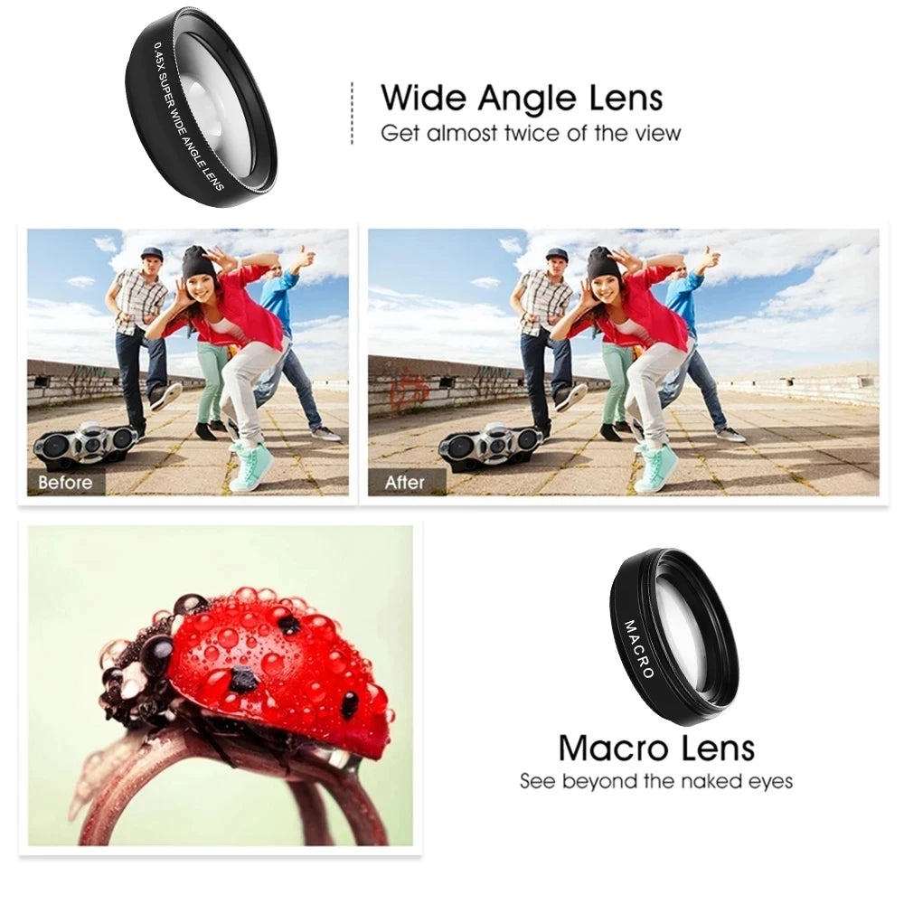 2 Functions Mobile Phone Lens 0.45X Wide Angle Len & 12.5X Macro HD Camera Lens Universal For iPhone Android Phone Smartphone