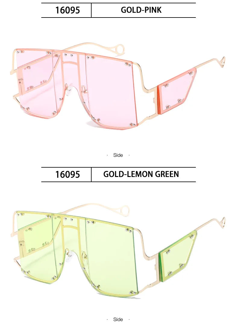 2024 New Metal Rivet Big Frame Oversized Square Sunglasses Women Luxury Brand Gradient Mirror Shades Retro Flat Top Sun Glasses