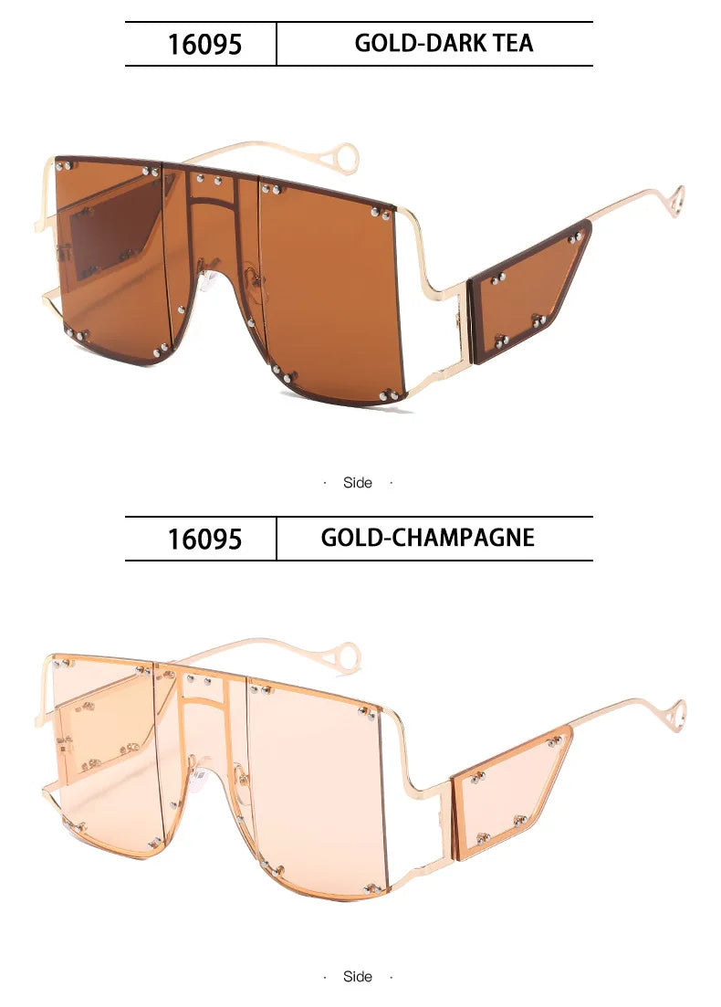 2024 New Metal Rivet Big Frame Oversized Square Sunglasses Women Luxury Brand Gradient Mirror Shades Retro Flat Top Sun Glasses