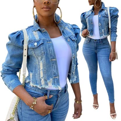 Y2k Women's Ripped Denim Jacket Casual Long Puff Sleeve Button Down Cropped Jean Coats for Fall