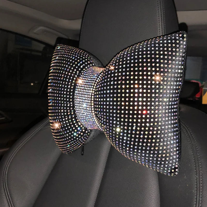 1PC Diamond Crystal Bowknot Car Neck Pillow Rhinestone Auto Headrest Seat Support Waist Pillows Bling Car Accessories for Women