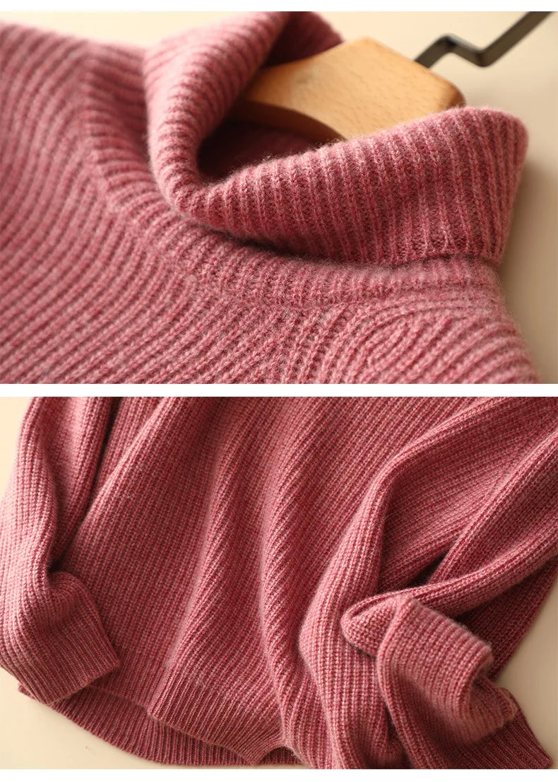 winter new chunky knit 100% cashmere turtleneck loose sweater knitwear women fashion warm jumper