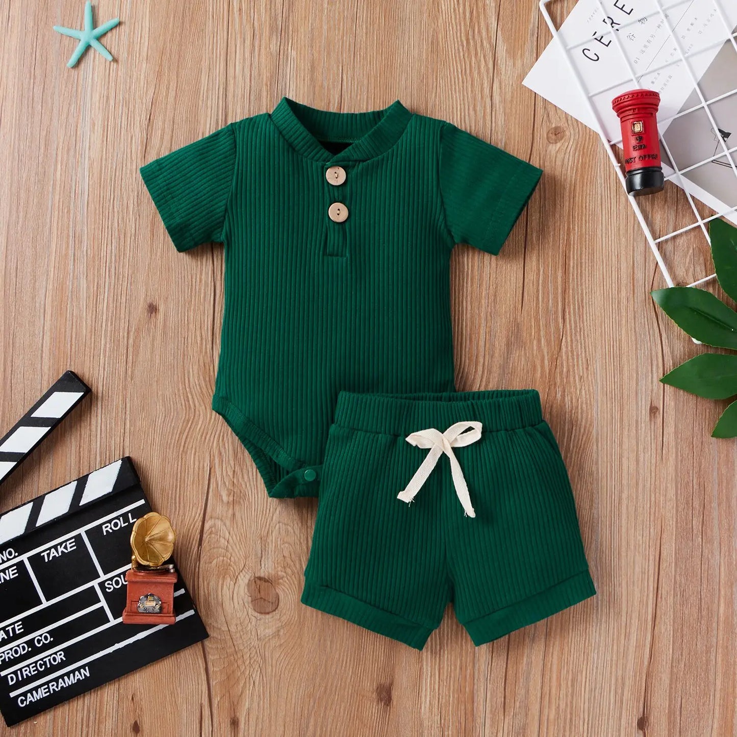 2Pcs Unisex Baby Summer Outfits Suit Solid Color Ribbed Casual Short Sleeves Romper+Elastic Waist Shorts for Toddler Infant - MAGUSTA BEAUTY