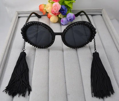 Baroque round sunglasses women tassel pearl rhinestones decoration sun glasses large frame round glasses female sunglasses