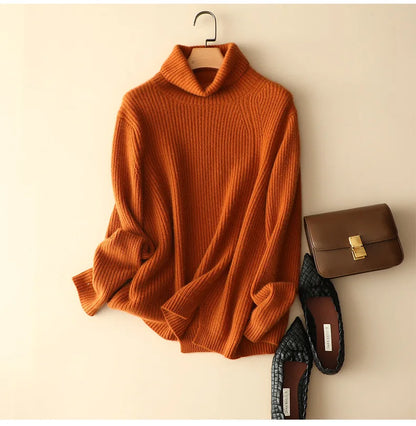 winter new chunky knit 100% cashmere turtleneck loose sweater knitwear women fashion warm jumper