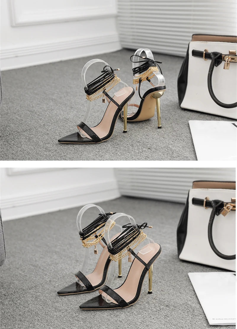 Women's Sandals High Heels 12CM New Chain Ankle Strap Gold White Pointed Toe Female Party Shoes Sandalias de mujer Size 35-42