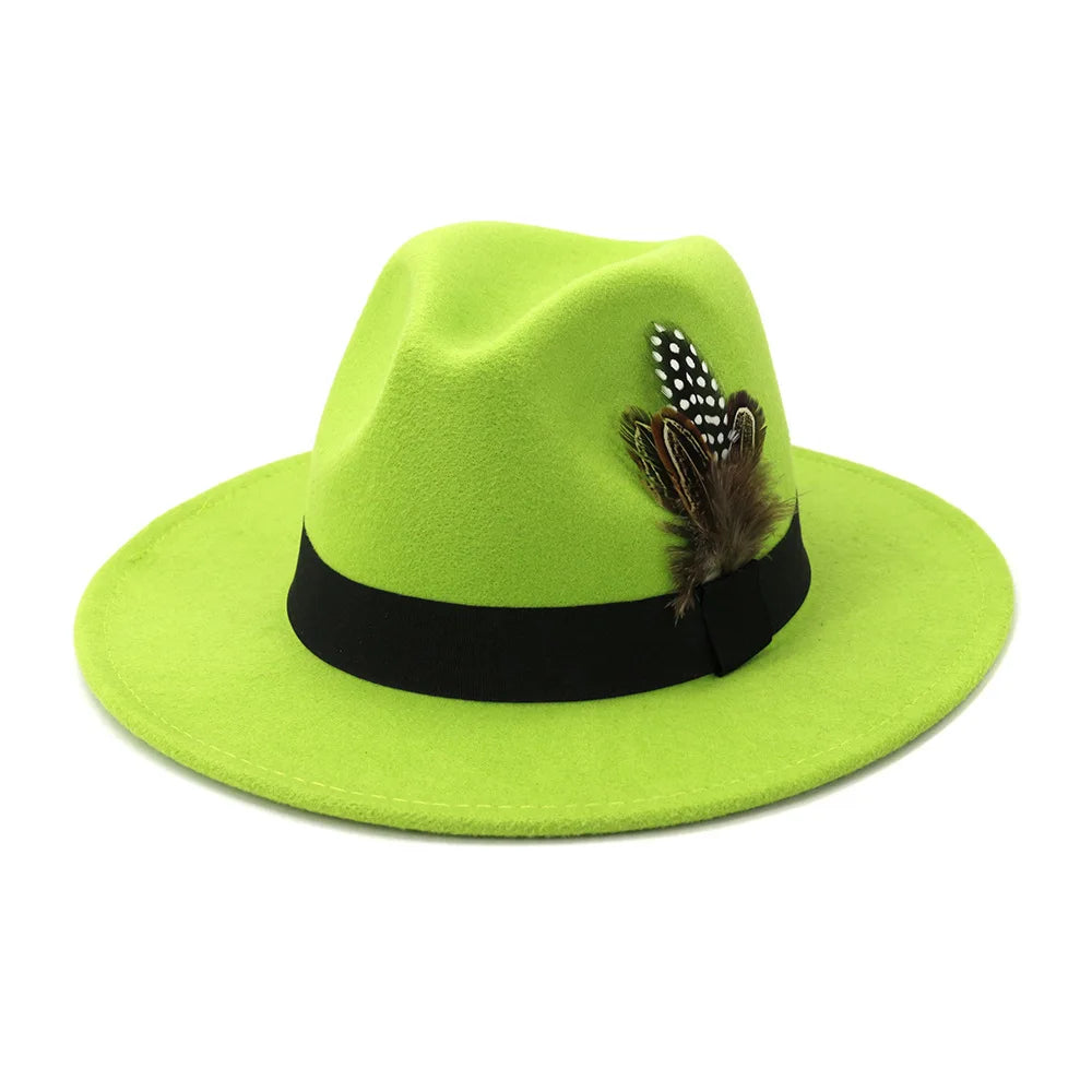 yellow feather Fedoras men fedora hat men panama  top cap unisex hat  Military color fedoras large brim hat church hat party hat