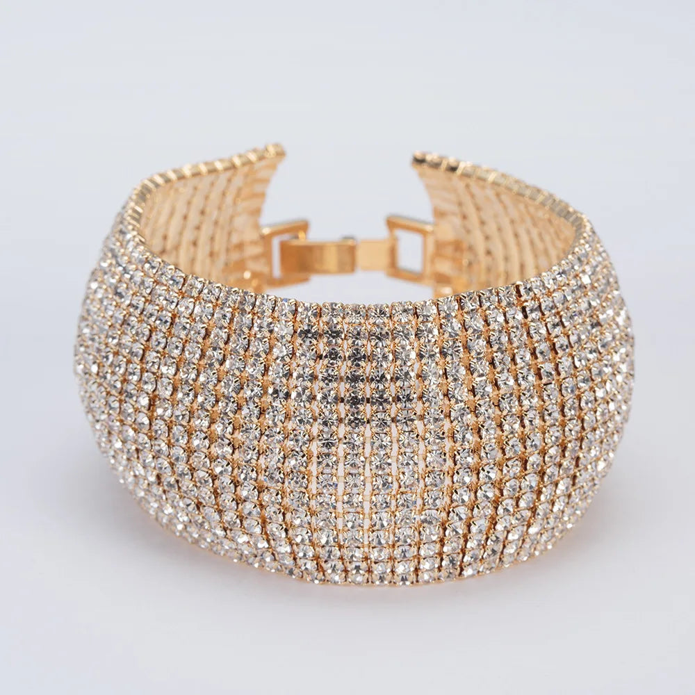 TREAZY Luxury 15 row Rhinestone Full Crystal Bracelet for Women Cuff Bangle Wedding Bridal Gold Silver Color Statement Bracelets