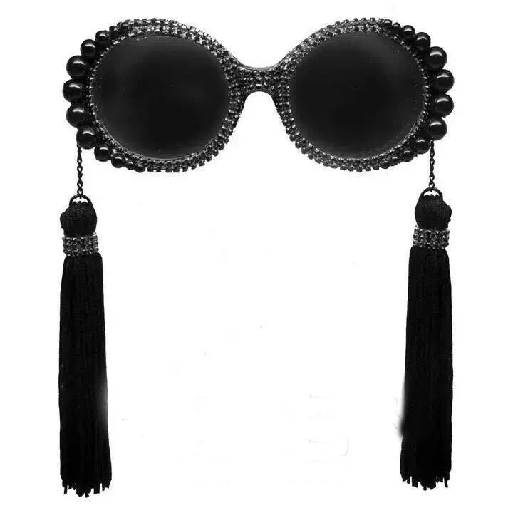 Baroque round sunglasses women tassel pearl rhinestones decoration sun glasses large frame round glasses female sunglasses