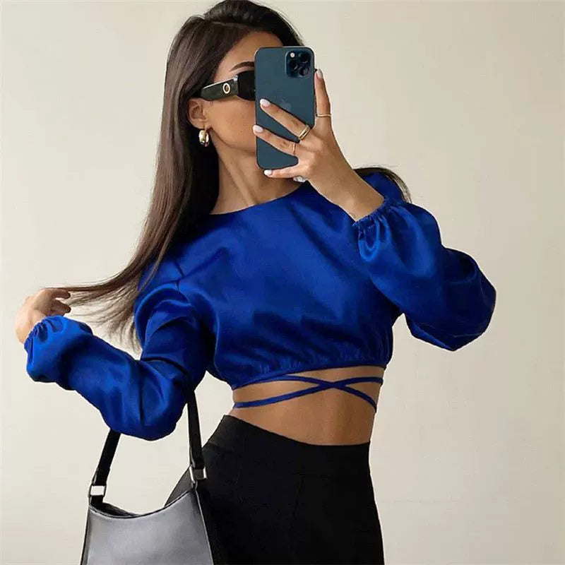 Ahagaga Fashion Sexy Style Sexy Backless Lace up Short Top Graceful Satin Figure Flattering Long Sleeve Shirt Women