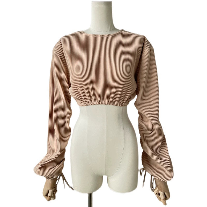 Crew Neck Casual Tied Long Sleeves Pleated Tops Drawstring