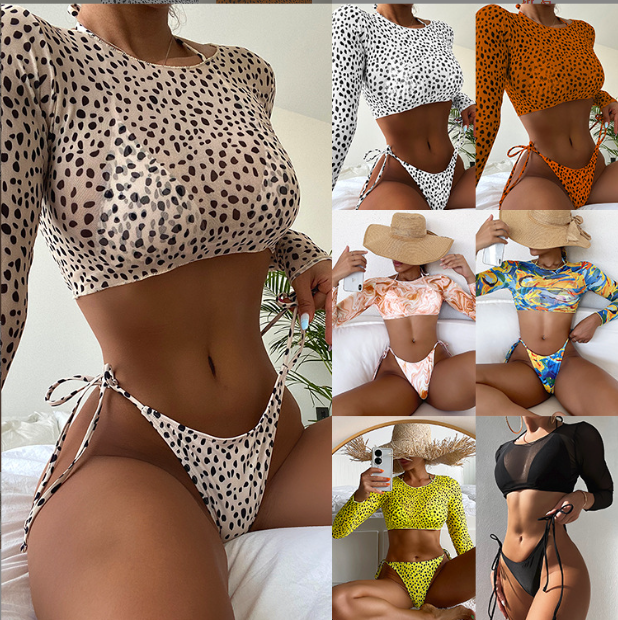 Three-Piece Swimsuit with Chest Pad Triangle Split Swimsuit Shoelace Bikini Long Sleeve Blouse Slim and Sexy Bikini