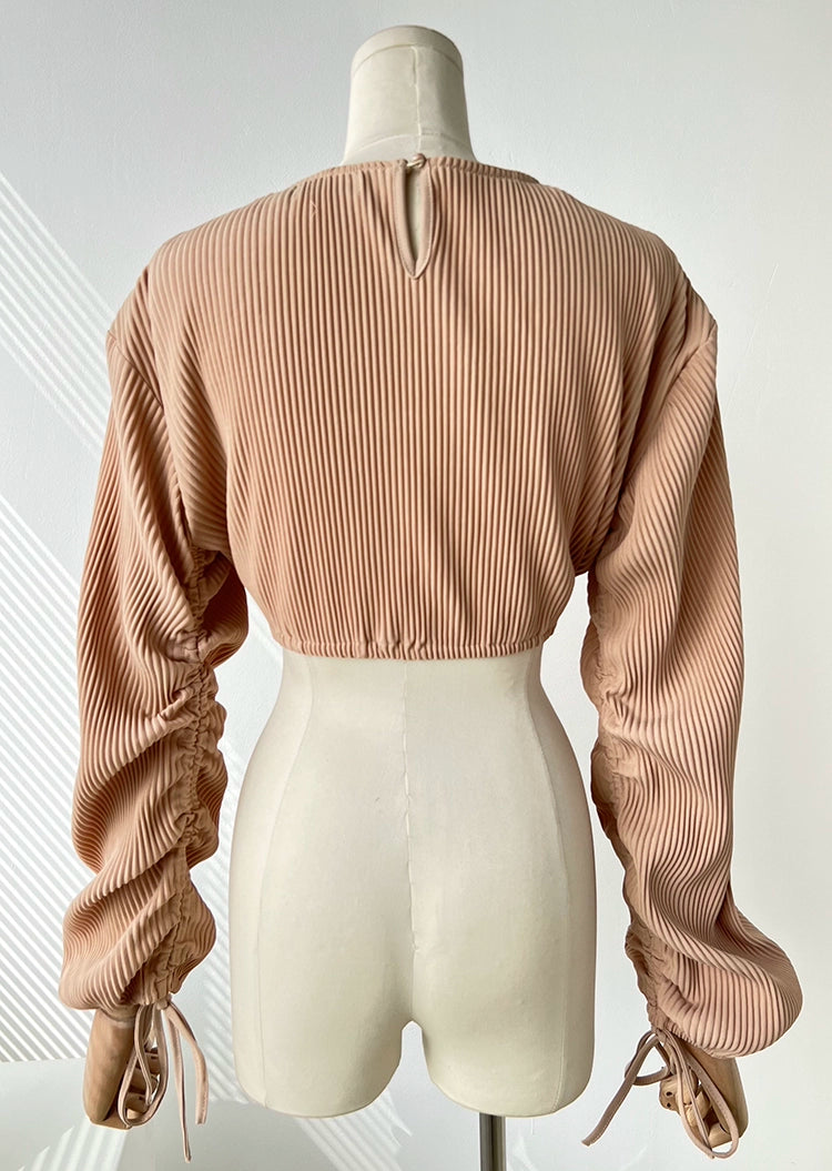 Crew Neck Casual Tied Long Sleeves Pleated Tops Drawstring