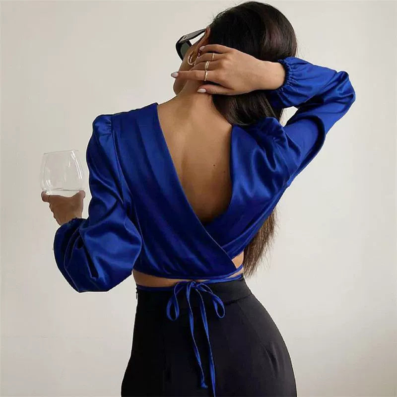 Ahagaga Fashion Sexy Style Sexy Backless Lace up Short Top Graceful Satin Figure Flattering Long Sleeve Shirt Women