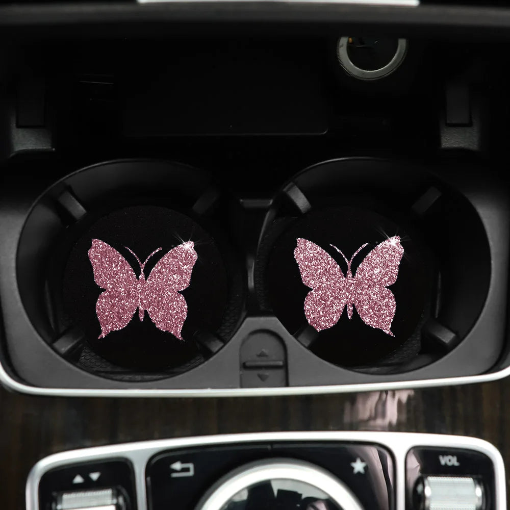 Two Cute Pink Butterflies Glitter Light Car Water Cup Pads for Women with Car Accessories