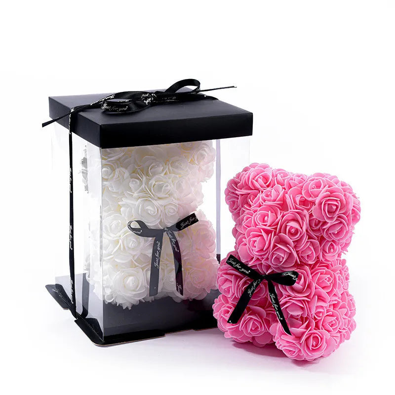 1pc 20cm Rose Bear Artificial Foam Flowers Bear Romantic Creative Gifts For Valentines Day Anniversary Wedding Birthday with Box