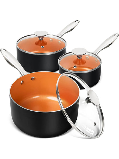 Ultra Nonstick Saucepan Set of 3, Ceramic Saucepans with Lids, 1 Qt & 2 Qt & 3 Qt Small Pot Set, Copper Sauce Pan with Lid