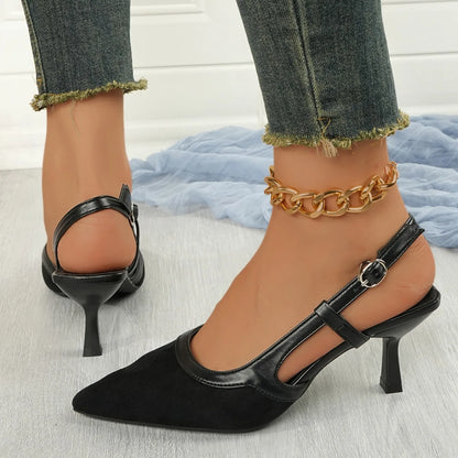 Women Shoes Satin Pointed Back Empty Women Sandals 2025 Summer One-word Buckle Sexy  High Heels Women Sandalias Mujer Zapatos