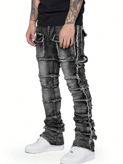 Trendy Men Jeans, European and American Fashionable Workwear with Patch, Elastic, Laminated and Slightly Flared Men Denim Pants.