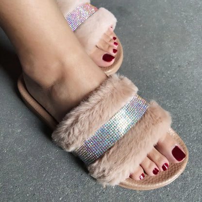 Winter Women House Slippers Faux Fur Fashion Warm Shoes Woman Slip on Flats Female Slides Black Pink cozy home furry slippers